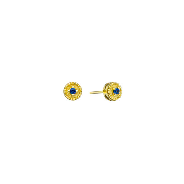 Greek Jewelry, Two scintillating round sapphires rest at the center of a halo border, Gold earrings sapphires, by parthenonjewelry.com