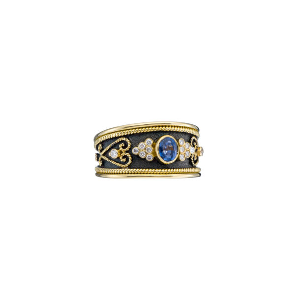 Byzantine Gold Band Ring Sapphire in 18k Yellow Gold - Image 3