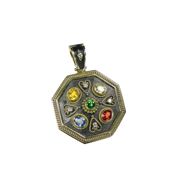 Multi Colored Stones Byzantine Pendant Necklace 18k Gold