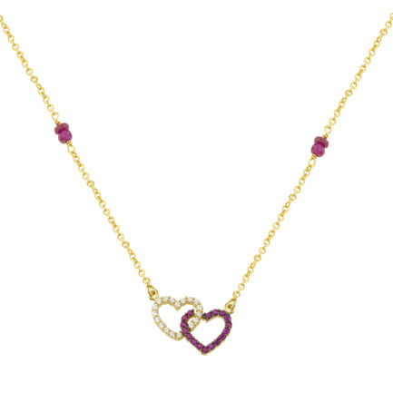 Double Heart Charm Necklace Yellow Gold k14 with Cubic Zirconia for Women for Teen