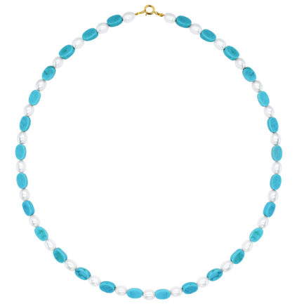 Multi Turquoise and Pearls Bead Station Necklace in 14k Yellow Gold