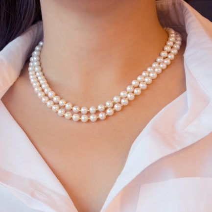 2 Rows 6.5-7mm Double Strand Pearls Necklace in k14 Gold