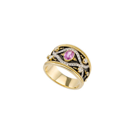 Diamonds Byzantine Band 18k Gold Ring, Pink Sapphire