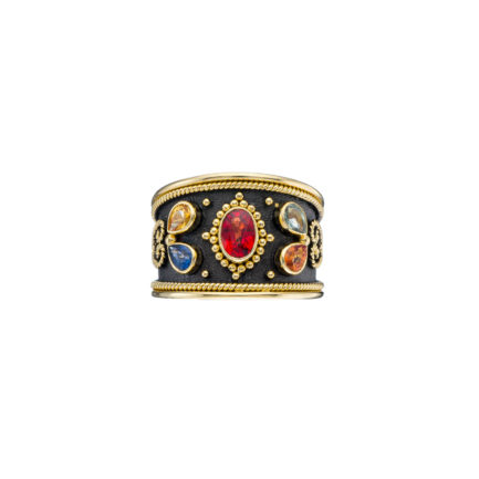 Diamonds Byzantine Band 18k Gold Ring, Pink Sapphire