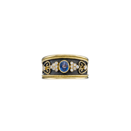 Byzantine Gold Band Ring Sapphire in 18k Yellow Gold