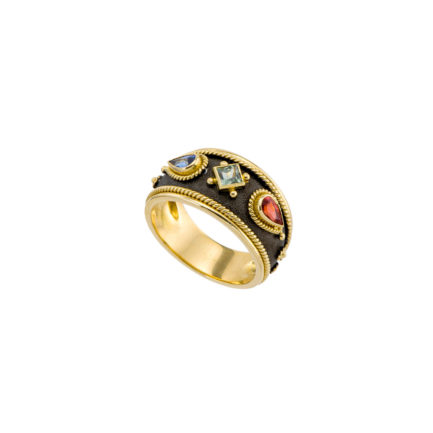 Triple Cocktail Stone Byzantine Band Ring in 18k Yellow Gold