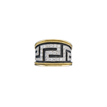 Greek Key Band Ring 18k Yellow Gold with Diamonds Ancient Greek Jewelry