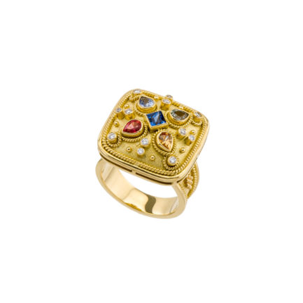 Multi Colors Sapphire Square Byzantine Ring in 18k Yellow Gold