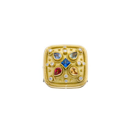 Multi Colors Sapphire Square Byzantine Ring in 18k Yellow Gold