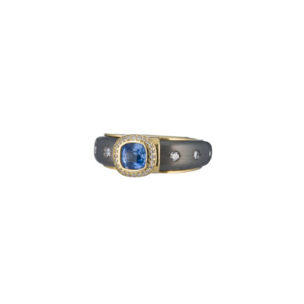Gray Titanium and k18 Gold Ring with Blue Sapphire Cushion and Diamonds