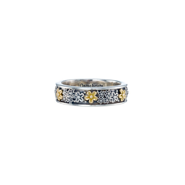 Flower Band Ring 6mm Yellow Gold k18 and Sterling Silver 925