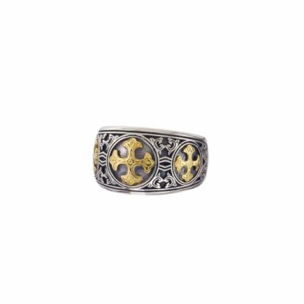 Maltese Triple Cross Band Ring 18k Yellow Gold and Sterling Silver 925
