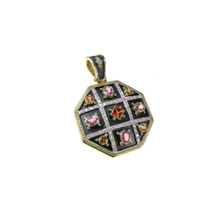 Octagon Byzantine Pendant with Multi Sapphire in 18k Gold