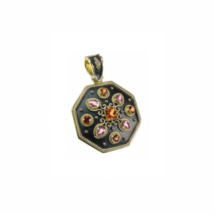 Octagon Byzantine Pendant with Multi Colored Stones in 18k Gold