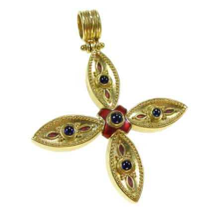 Large 22k Gold Byzantine Pendant Cross with Sapphire and Enamel