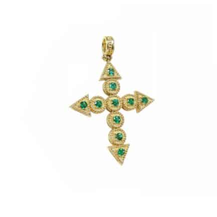 Byzantine, Emeralds Handmade Pendant Cross 18k Solid Gold