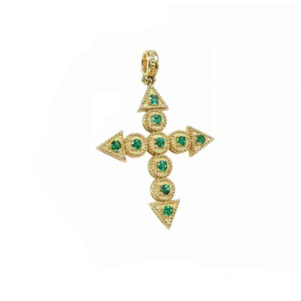 Byzantine, Emeralds Handmade Pendant Cross 18k Solid Gold
