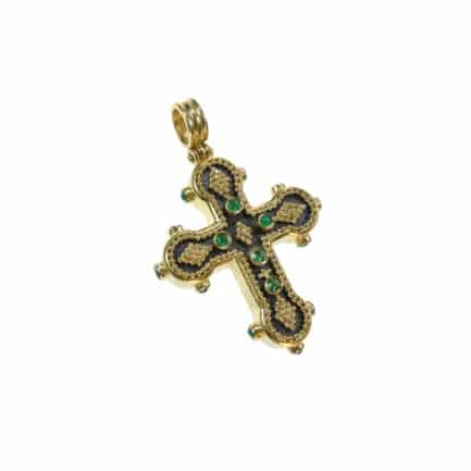 22k Gold Byzantine Pendant Cross Hammered Black Rhodium