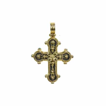 22k Gold Byzantine Pendant Cross Hammered Black Rhodium