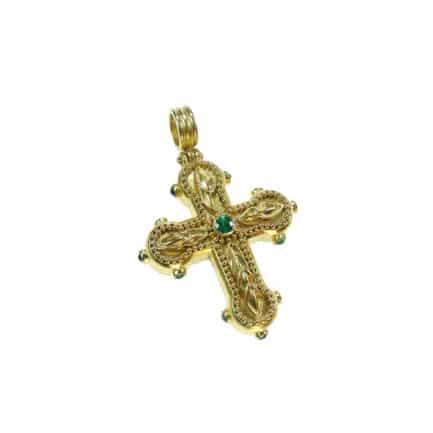 22k Gold Byzantine Handmade Pendant Cross Emeralds