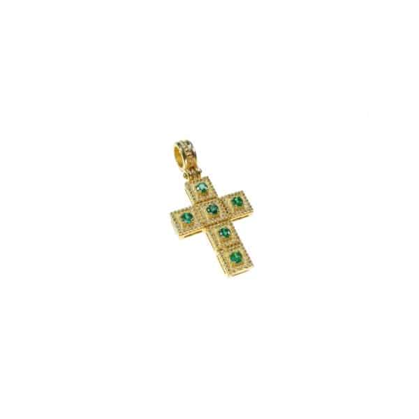 Emeralds Byzantine Cross Pendant in18k Yellow Gold - Image 2