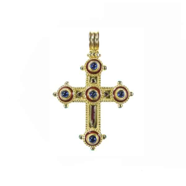 22k Yellow Gold Large Western Enamel Pendant Cross Sapphire and Emeralds - Image 2