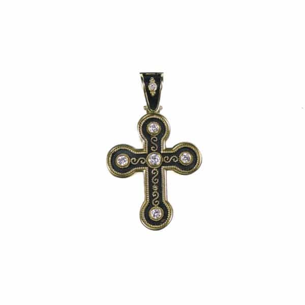 18k Gold Byzantine Diamonds Cross Pendant Handmade Jewelry