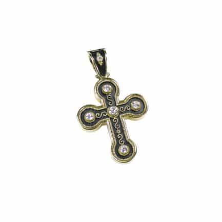 18k Gold Byzantine Diamonds Cross Pendant Handmade Jewelry
