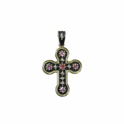 18k Gold Byzantine Sapphires Cross Pendant Handmade Religious Jewelry