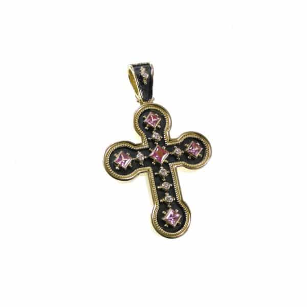 18k Gold Byzantine Sapphires Cross Pendant Handmade Religious Jewelry - Image 2