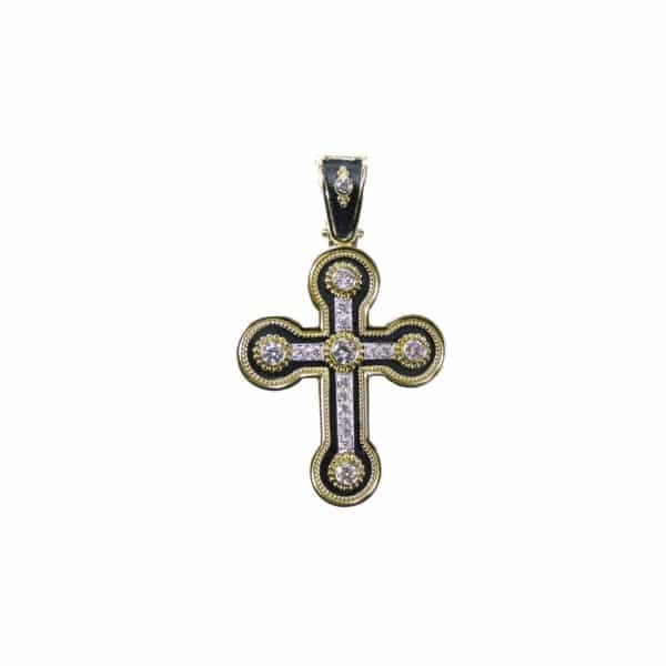 18k Gold Byzantine Diamonds Cross. Handmade Religious Jewelry