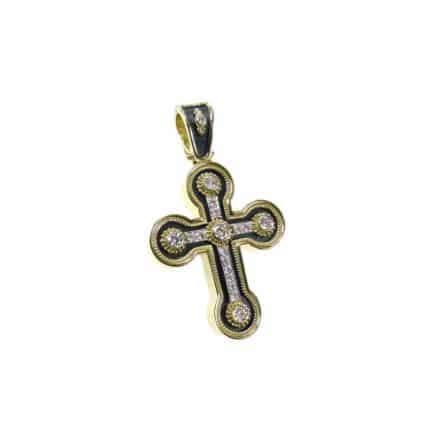 18k Gold Byzantine Diamonds Cross. Handmade Religious Jewelry