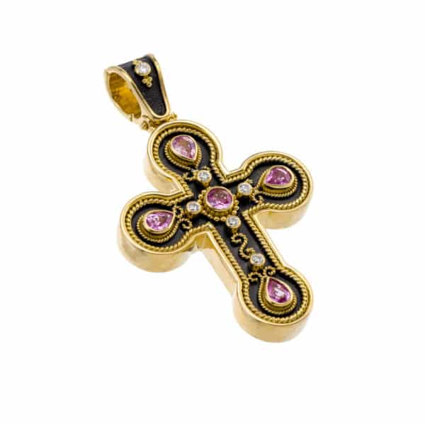 Byzantine Sapphire Cross Pendant 18k Yellow Gold - Image 2