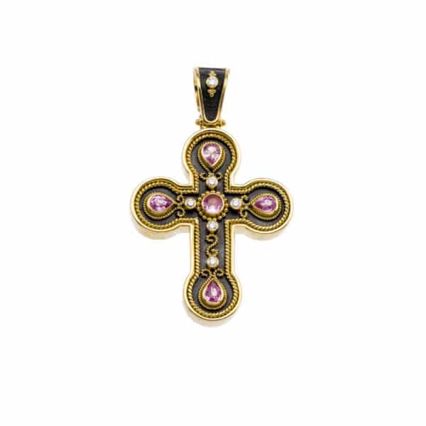 Byzantine Sapphire Cross Pendant 18k Yellow Gold