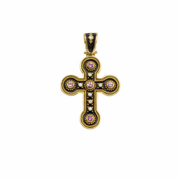Sapphire Byzantine Cross Pendant 18k Yellow Gold