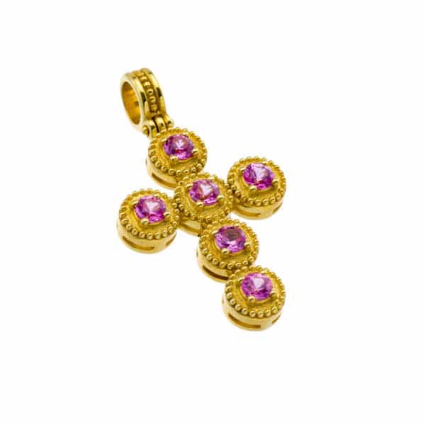 Byzantine Pink Sapphire Cross Pendant 18k Yellow Gold - Image 2