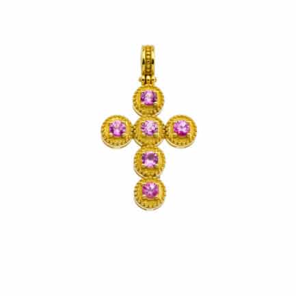 Byzantine Pink Sapphire Cross Pendant 18k Yellow Gold