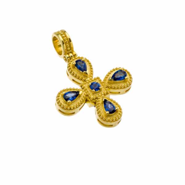 Byzantine Sapphire Cross Pendant 18k Yellow Gold - Image 2