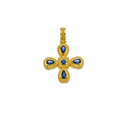 Byzantine Sapphire Cross Pendant 18k Yellow Gold