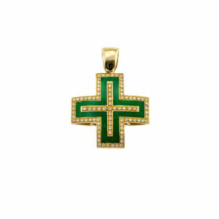Diamonds and Green Enamel Pendant Cross 18k Solid Gold