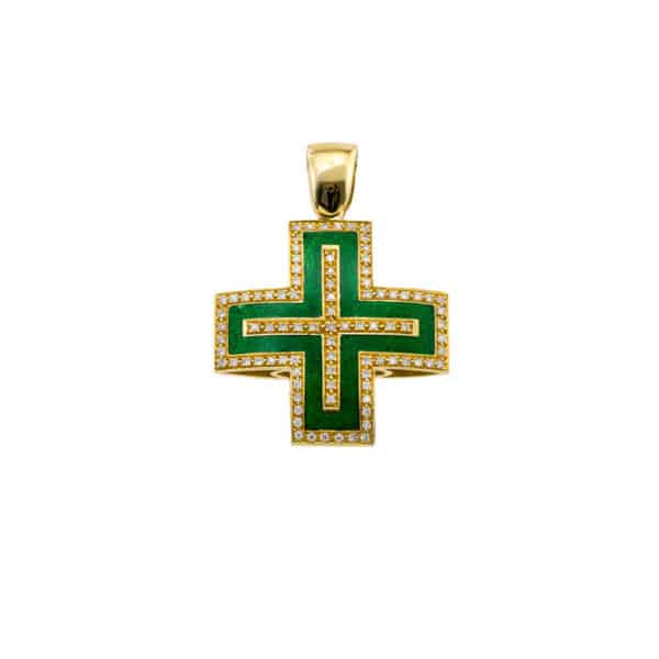 Diamonds and Green Enamel Pendant Cross 18k Solid Gold - Image 2