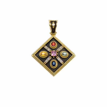 Square Byzantine Pendant with Multi Colored Stones in 18k Gold