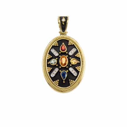 Oval Byzantine Pendant with Multi Colored Stones in 18k Gold