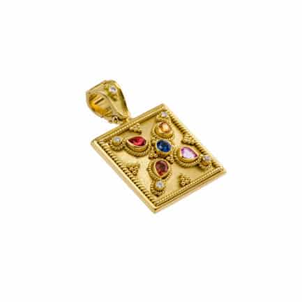 Byzantine Square Pendant with Multi Colored Stones in 18k Gold