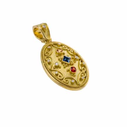 Byzantine Oval Pendant with Multi Colored Stones in 18k Gold