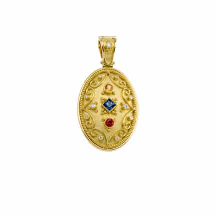 Byzantine Oval Pendant with Multi Colored Stones in 18k Gold