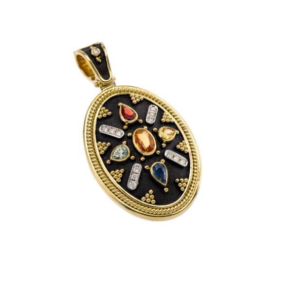 Oval Byzantine Pendant with Multi Sapphires N153159-k