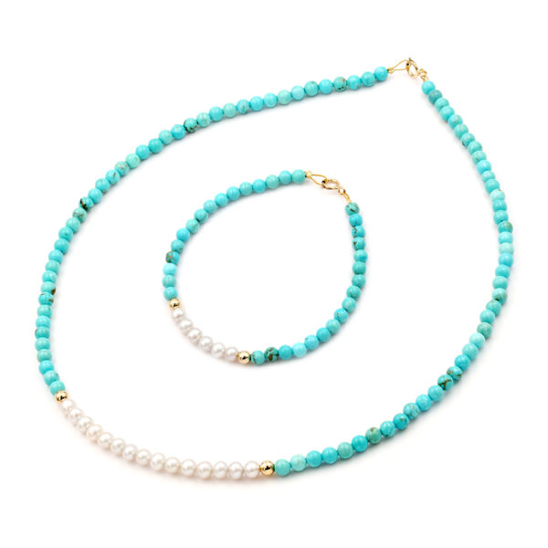 Set Necklace Bracelet with Turquoise and Pearls in k14 Gold Clasp