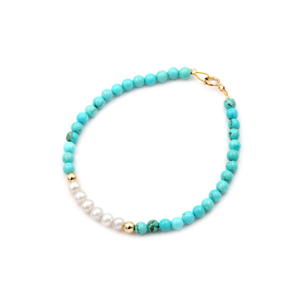 Set Necklace Bracelet with Turquoise and Pearls in k14 Gold Clasp