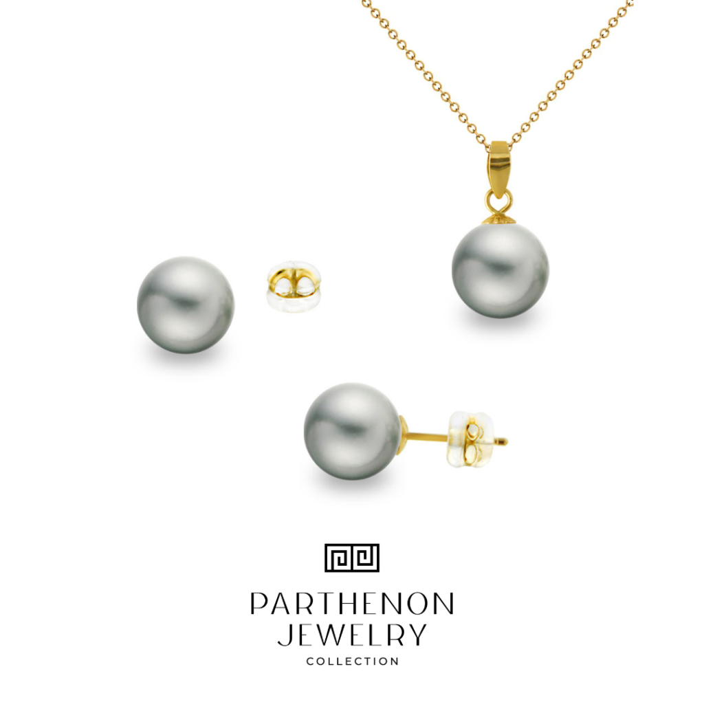 Parthenon Jewelry 18k Yellow Gold Set Earrings and Pendant Gray Akoya Pearl Code S153152-MA